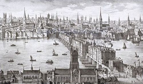 A black and white sketch of a view across the thames in London during the 13th Century